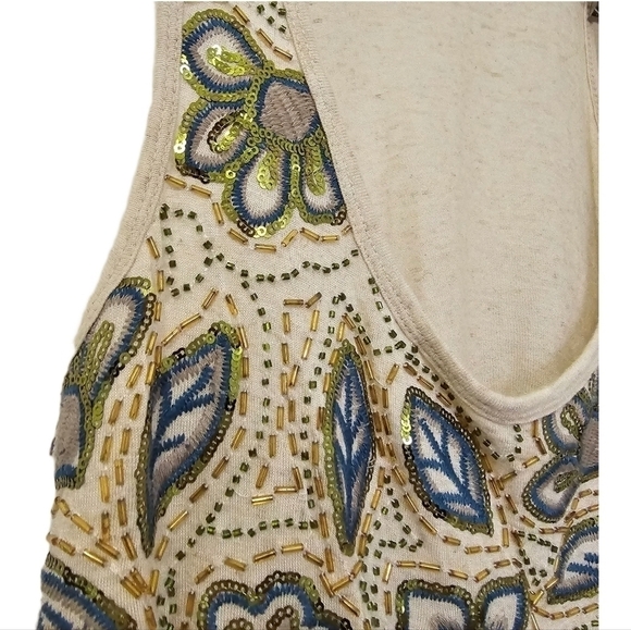 Floral boho embroidered beaded cream plunge neck tank top size small - Picture 4 of 9